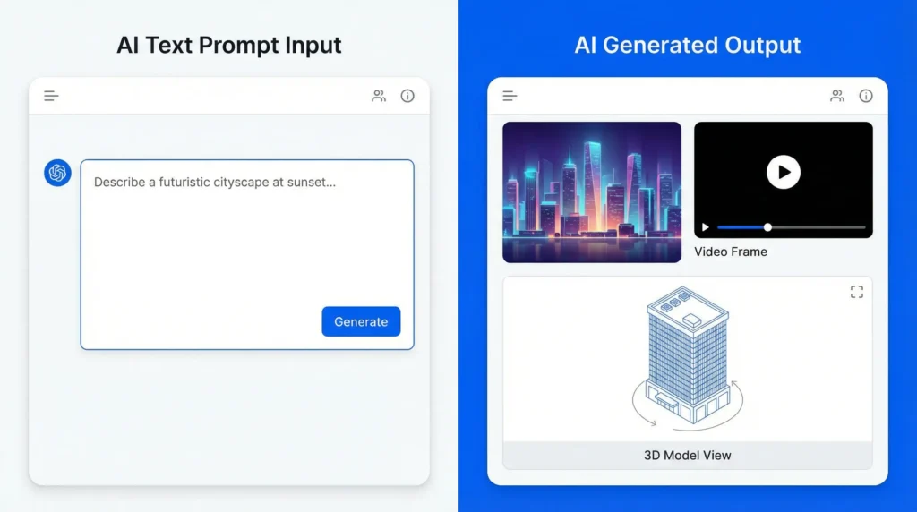Multi-modal AI platform showing text to image video and 3D generation process