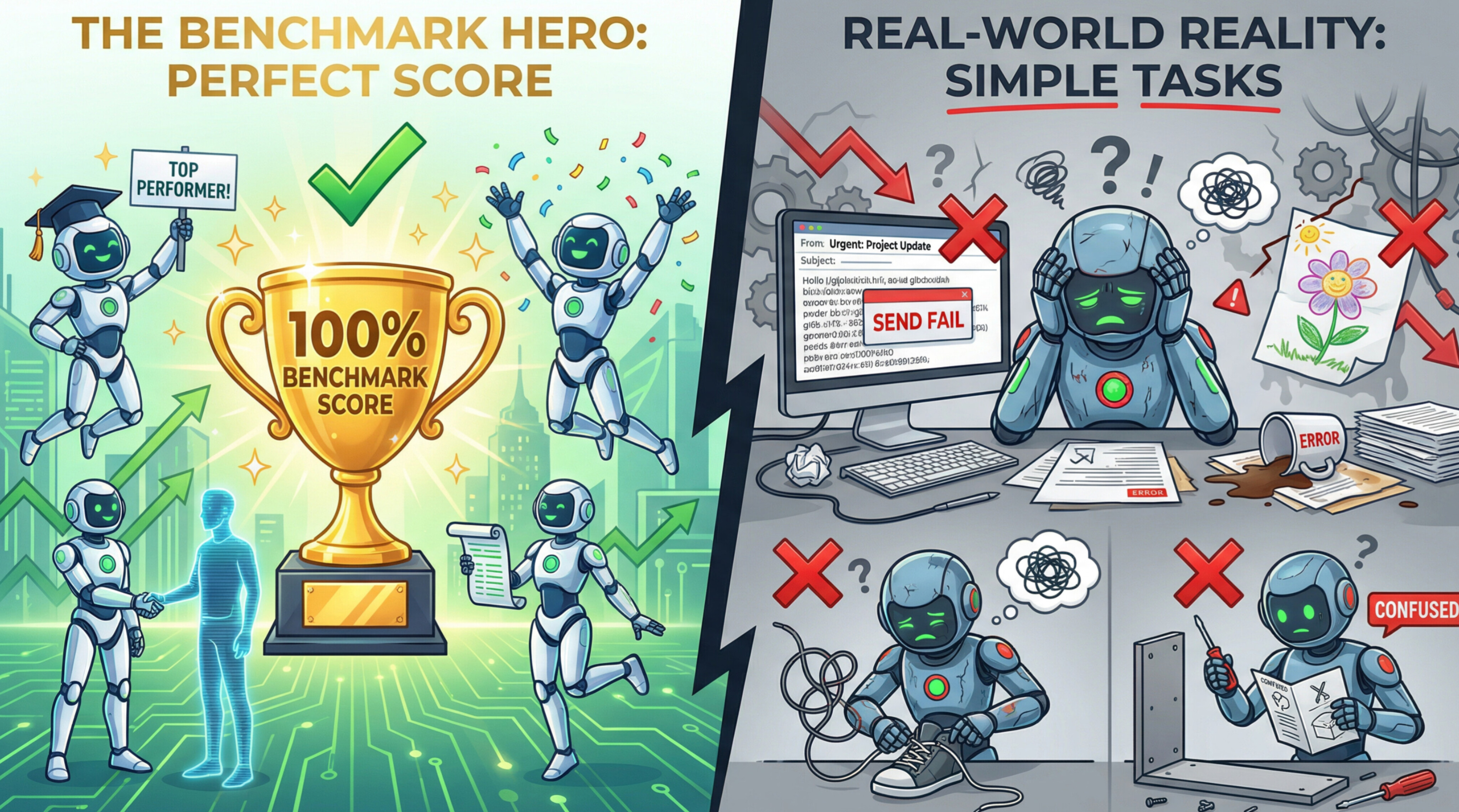 AI benchmark performance vs real-world usage comparison illustration