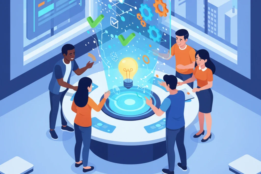 Students collaborating with AI-powered educational technology