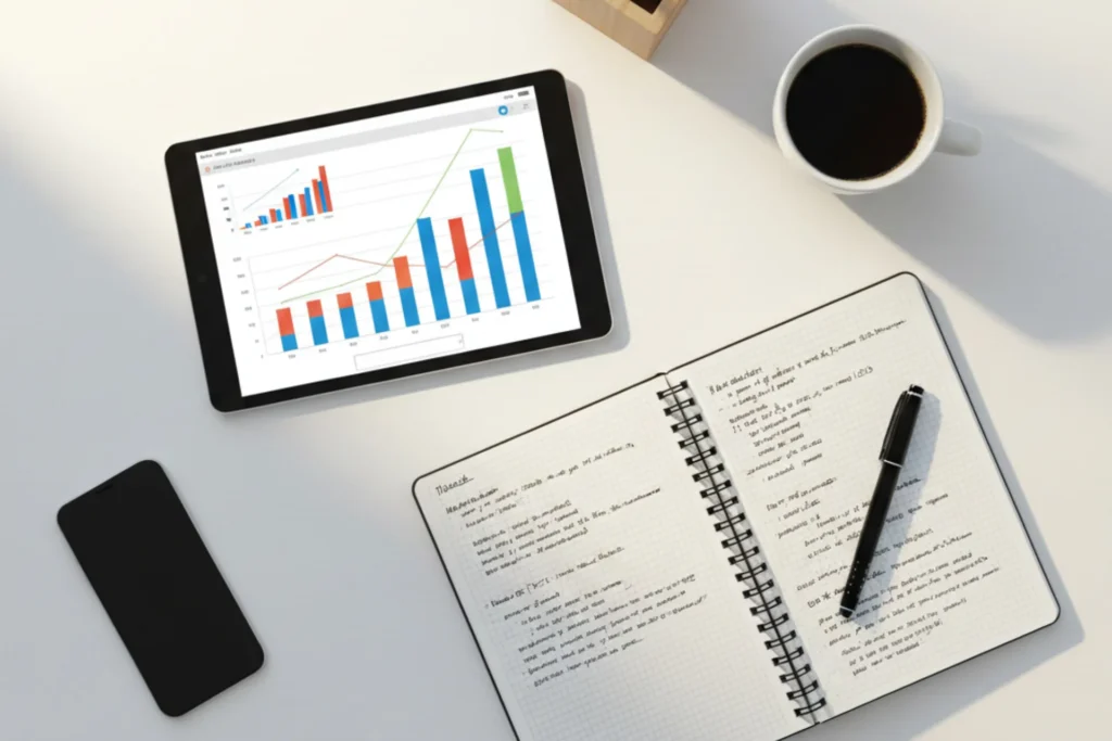 Organized student desk with digital devices and study materials