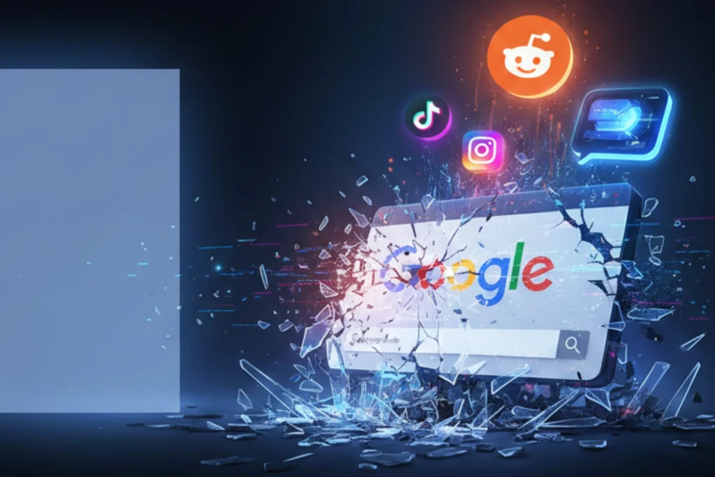 Comparison infographic showing difference between traditional Google Search and modern AI Answer Engines like Perplexity and ChatGPT